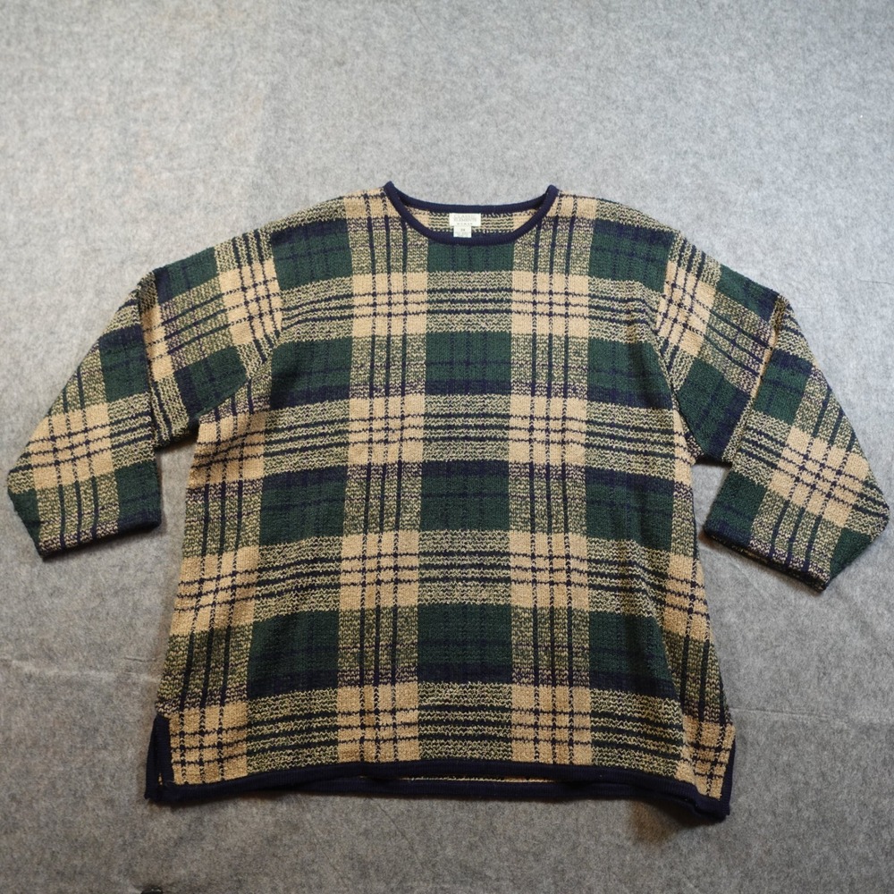 VTG Classic Elements Sweater Womens 3X Green Tan Tartan Watch Plaid Crew Neck